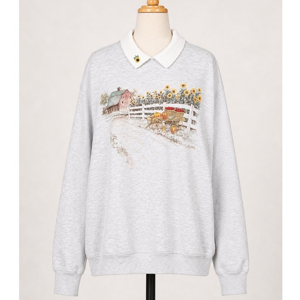 Vintage Grandma Core Collared Sweatshirt Women's L Gray Fall Pumpkin Sunflower